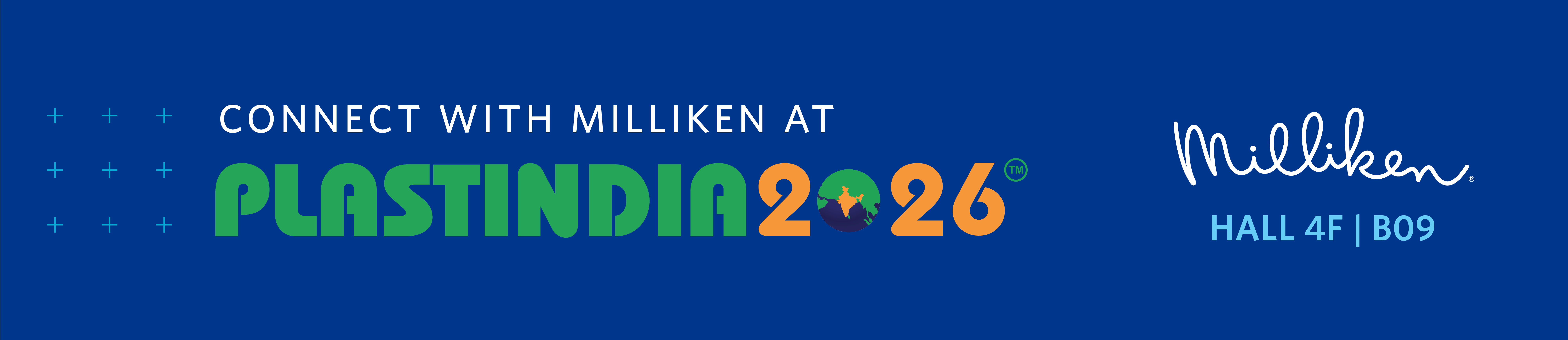 PlastIndia 2026 header image with Milliken logo and text reading Hall 4F | B09