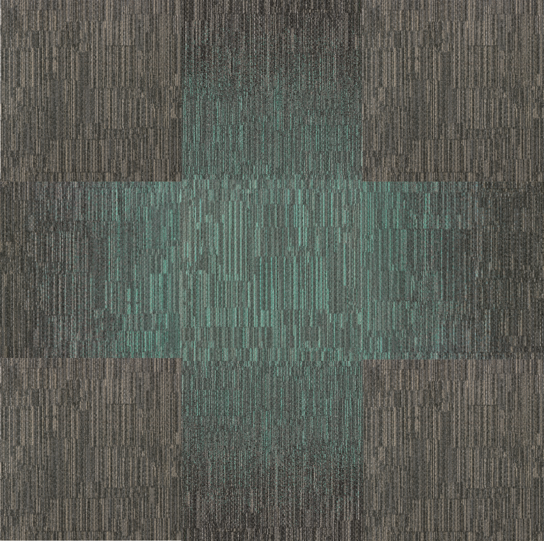 Laylines carpet tiles arranged in a cross-shaped teal gradient zoning layout