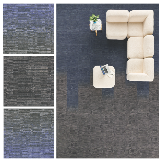 Laylines carpet tile palette showing blue and gray gradient flooring in a lounge workspace
