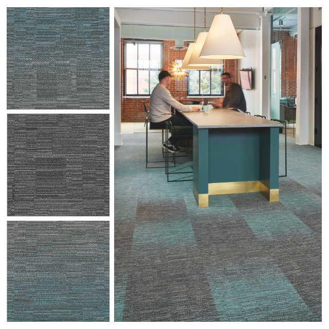 Laylines carpet tile palette showing teal and gray gradient flooring in a collaborative office space