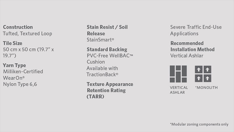 Laylines carpet tile specifications including tufted textured loop construction, 50 cm tile size, WellBAC Comfort backing, and vertical ashlar installation
