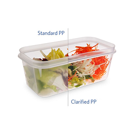 Photo of clear container split, with the left half being Standard PP and the right half is Clarified PP