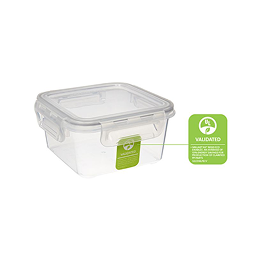 Photo of clear container with lid with a Validated sticker on it